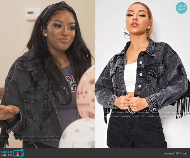 Fringe Trim Ripped Crop Denim Jacket by Shein worn by Drew Sidora on The Real Housewives of Atlanta