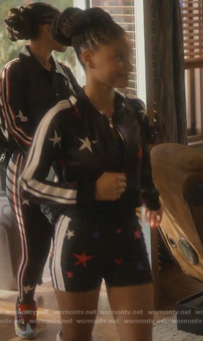 Skylar's black star print jacket and shorts on Grown-ish