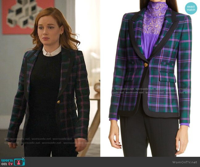 Tartan Peaked Lapel Wool Blazer by Smythe worn by Zoey Clarke (Jane Levy) on Zoeys Extraordinary Playlist