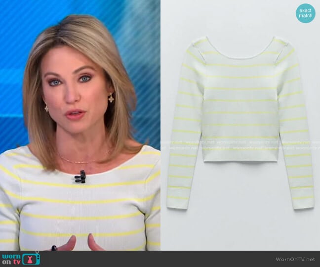 Striped Knit Top in Pastel Blue by Zara worn by Amy Robach on Good Morning America