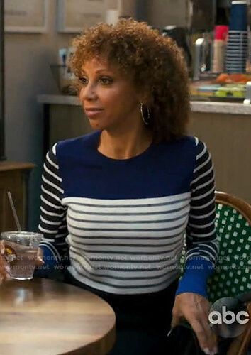 Tami's blue striped sweater on American Housewife