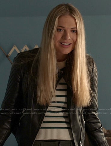 Tami’s white and green striped sweater and moto jacket on Shameless