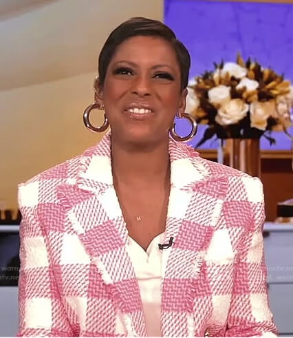 Tamron’s pink and white check tweed jacket on Tamron Hall Show