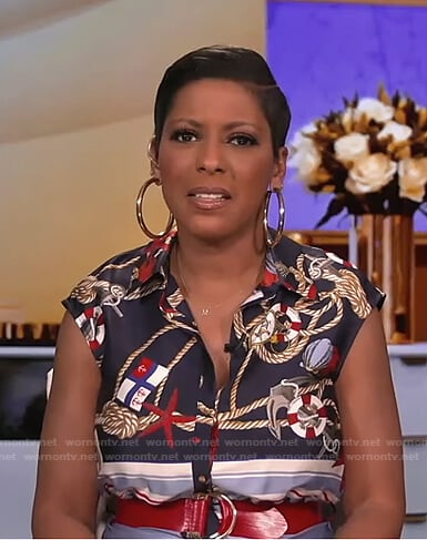 Tamron’s blue printed belted dress on Tamron Hall Show