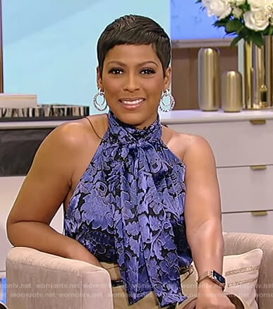 Tamron’s blue floral halter top and skirt on Tamron Hall Show