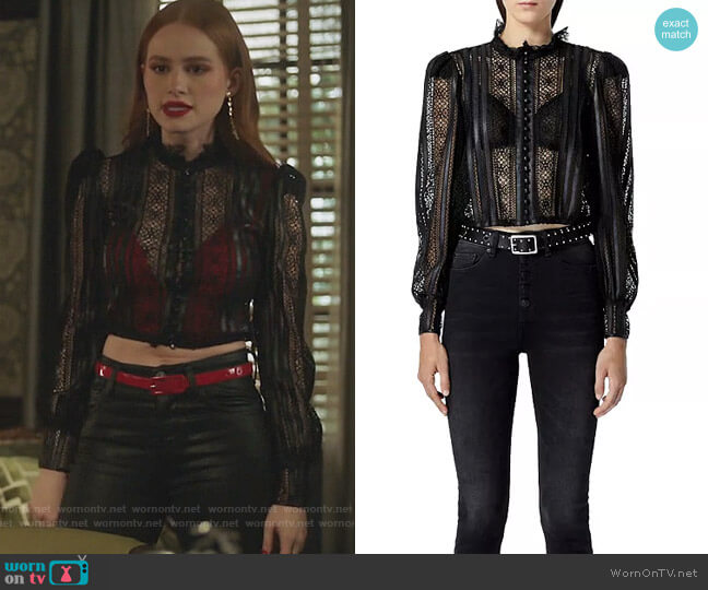 Lace Faux Leather Trim Blouse by The Kooples worn by Cheryl Blossom (Madelaine Petsch) on Riverdale