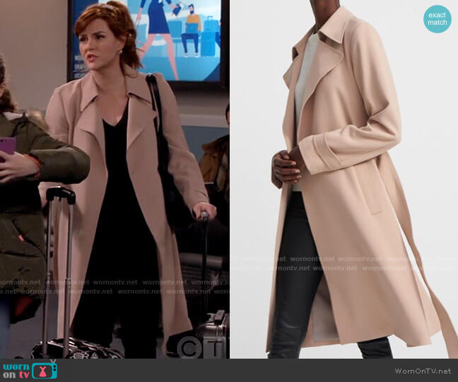 Theory Oaklane Trench in Admiral Crepe worn by Julia (Sara Rue) on B Positive