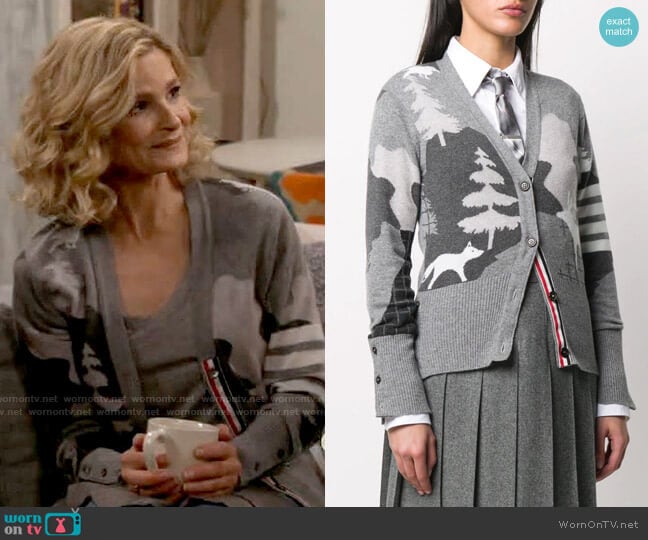 Thom Brown Forest scenery intarsia cardigan worn by Jean Raines (Kyra Sedgwick) on Call Your Mother