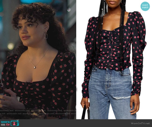 Topshop Floral Print Ruched Prairie Top worn by Maggie Vera (Sarah Jeffery) on Charmed