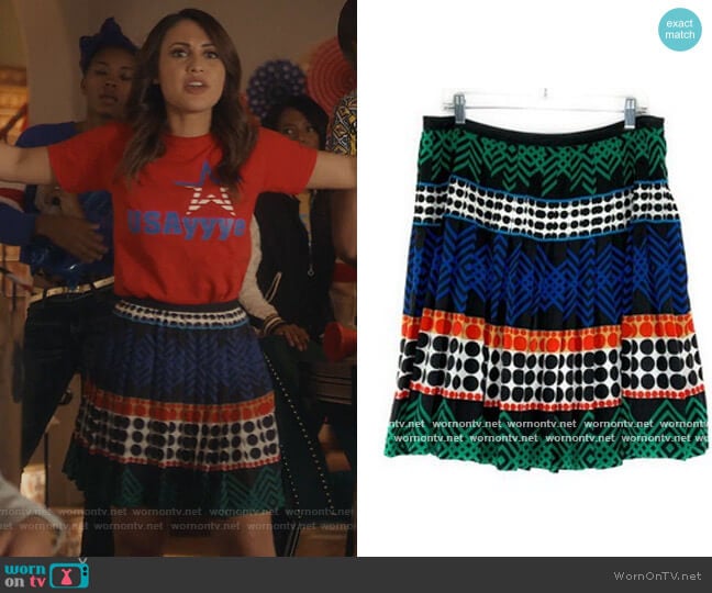 Geometric Pleated Aline Mini Skirt by Trina Turk worn by Ana Torres (Francia Raisa) on Grown-ish