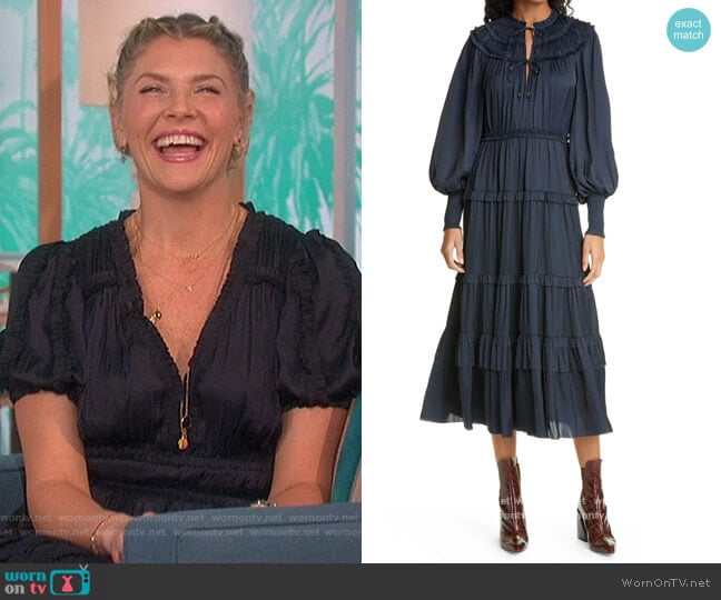 Serena Ruffle Satin Long Sleeve Midi Dress by Ulla Johnson worn by Amanda Kloots on The Talk