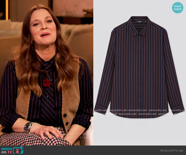 Rayon Striped Long Sleeve Blouse by Uniqlo worn by Drew Barrymore on The Drew Barrymore Show