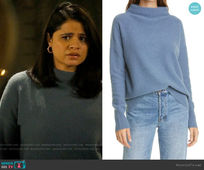 Vince Funnel Neck Boiled Cashmere Sweater in Blueberry worn by Mel Vera (Melonie Diaz) on Charmed