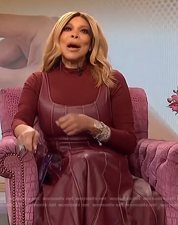 Wendy’s burgundy turtleneck sweater and leather dress on The Wendy Williams Show
