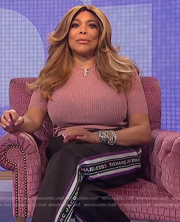 Wendy’s pink metallic knit top and trackpants on The Wendy Williams Show