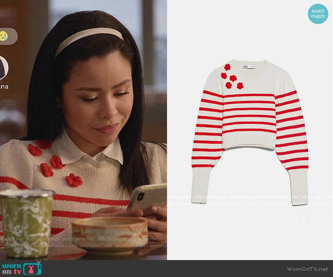 Stripe Sweater with Floral Appliques by Zara worn by Mariana Foster (Cierra Ramirez) on Good Trouble