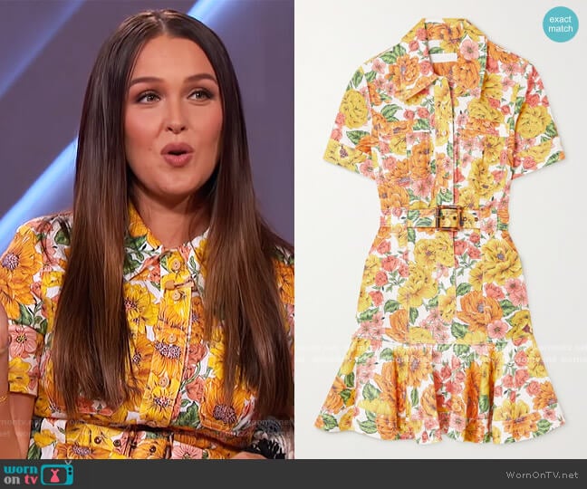 Poppy belted ruffled floral-print linen mini Dress by Zimmermann worn by Camilla Luddington on The Kelly Clarkson Show