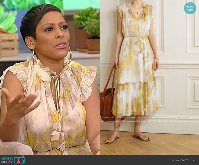 Wild Botanica belted ruffled floral-print silk-crepon midi dress by Zimmermann worn by Tamron Hall on Tamron Hall Show