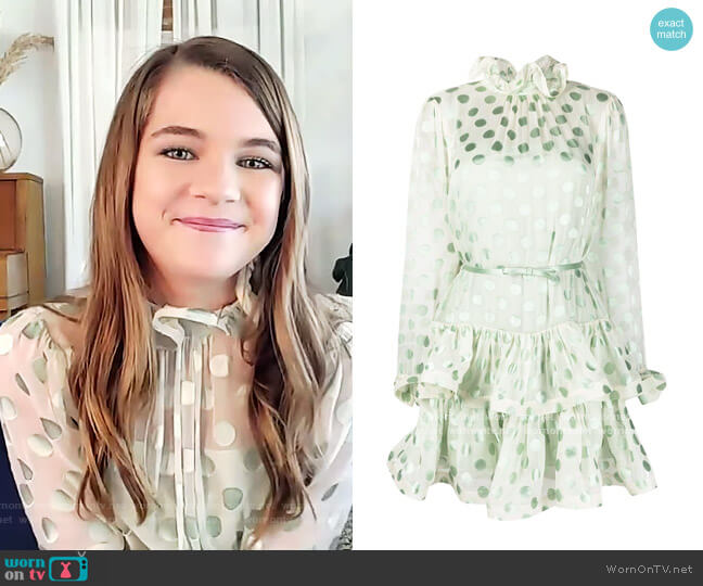 Polka-dot pattern silk-blend mini dress by Zimmermann worn by Raegan Revord on The Drew Barrymore Show