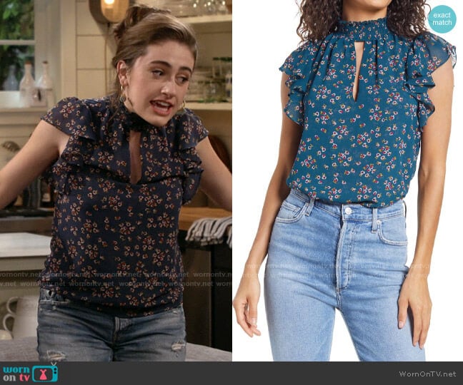 1.State Tossed Floral-Printed Smocked Flutter-Sleeve Blouse worn by Jackie Raines (Rachel Sennott) on Call Your Mother