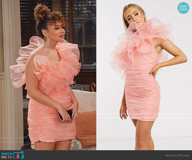 London organza ruffle one shoulder mini dress in coral by Club L worn by Jade (Talia Jackson) on Family Reunion