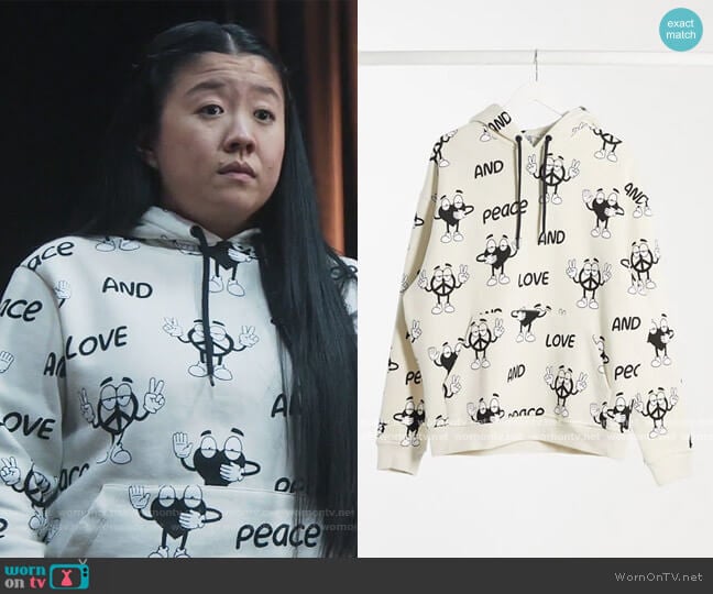 Crooked Tongues unisex hoodie with peace print by ASOS worn by Alice Kwan (Sherry Cola) on Good Trouble