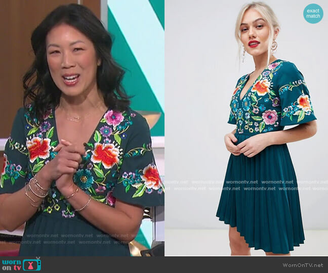 Pleated Embroidered Midi Dress by ASOS worn by Chi-Lan Lieu on The Talk worn by Chi-Lan Lieu on The Talk