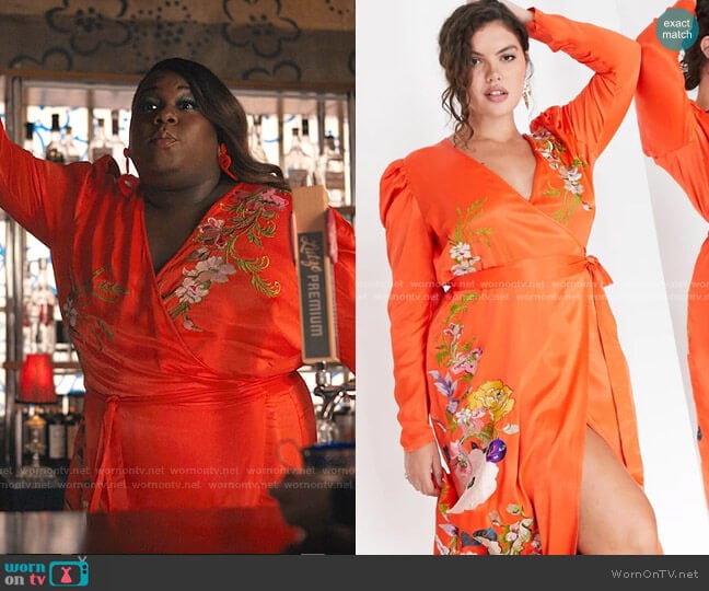 Curve Floral Embroidered Wrap Midi Dress by Asos worn by Mo (Alex Newell) on Zoeys Extraordinary Playlist