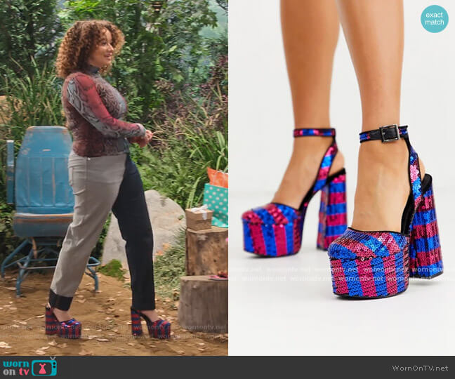 Punch chunky platform high block heels in striped sequin by ASOS worn by Jade (Talia Jackson) on Family Reunion