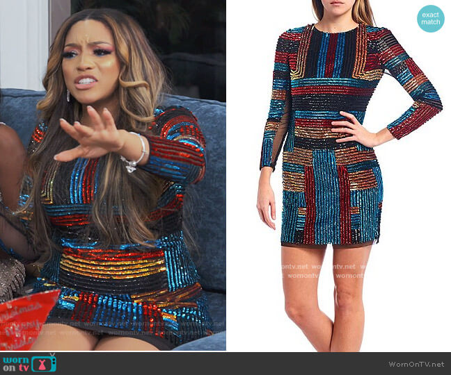 Long Sleeve Beaded Striped Mesh Mini Sheath Dress by Aidan Mattox worn by Drew Sidora on The Real Housewives of Atlanta