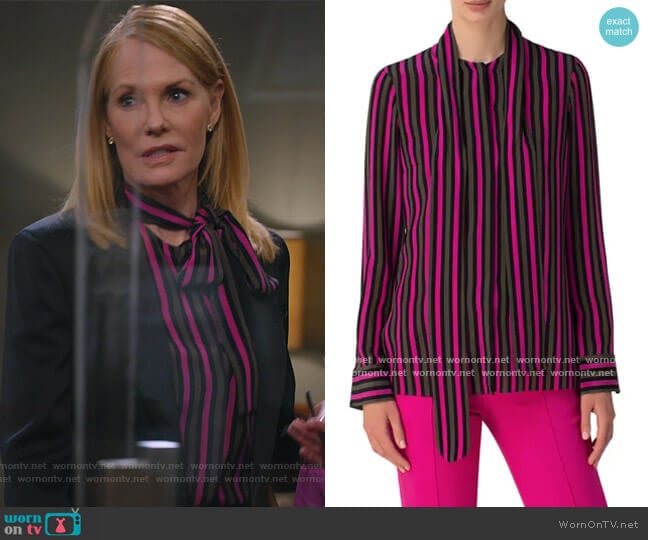 Stripe Tie Neck Silk Blouse by Akris Punto worn by Lisa Benner (Marg Helgenberger) on All Rise