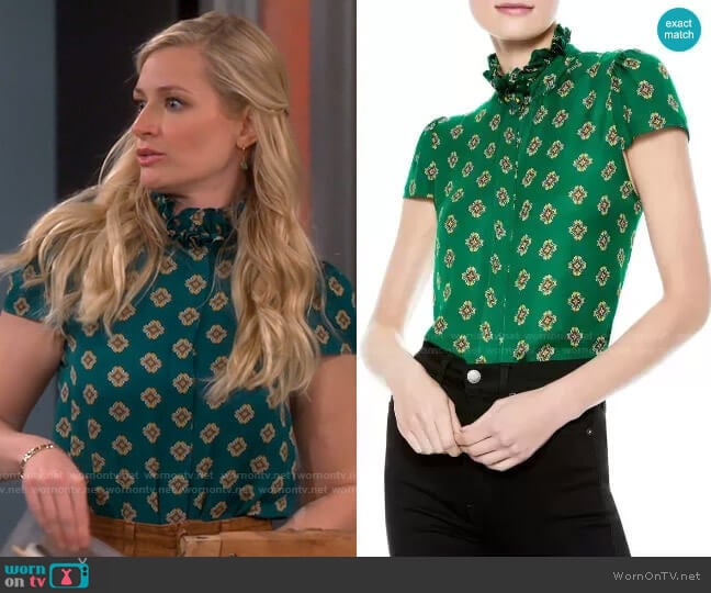 Alice + Olivia Juliette Ruffle Mock Neck Blouse worn by Gemma (Beth Behrs) on The Neighborhood