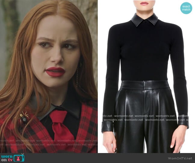 Dory Faux Leather Detail Sweater by Alice + Olivia worn by Cheryl Blossom (Madelaine Petsch) on Riverdale