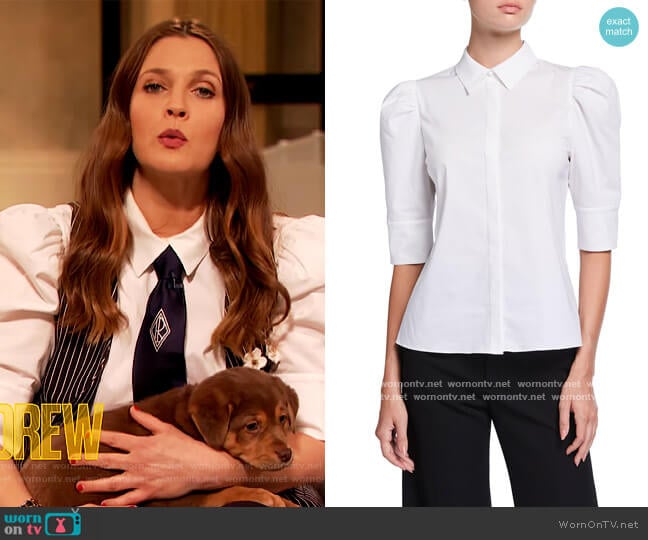 Willa Scrunched Puff-Sleeve Placket Top by Alice + Olivia worn by Drew Barrymore on The Drew Barrymore Show