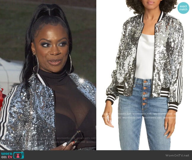 Lonnie Sequin Cropped Bomber Jacket by Alice + Olivia worn by Kandi Burruss on The Real Housewives of Atlanta