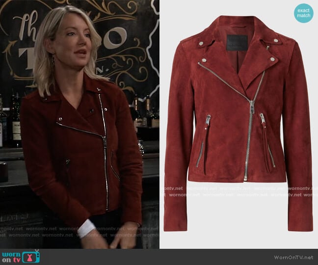 X Dalby Suede Moto Jacket by All Saints worn by Nina Reeves (Cynthia Watros) on General Hospital