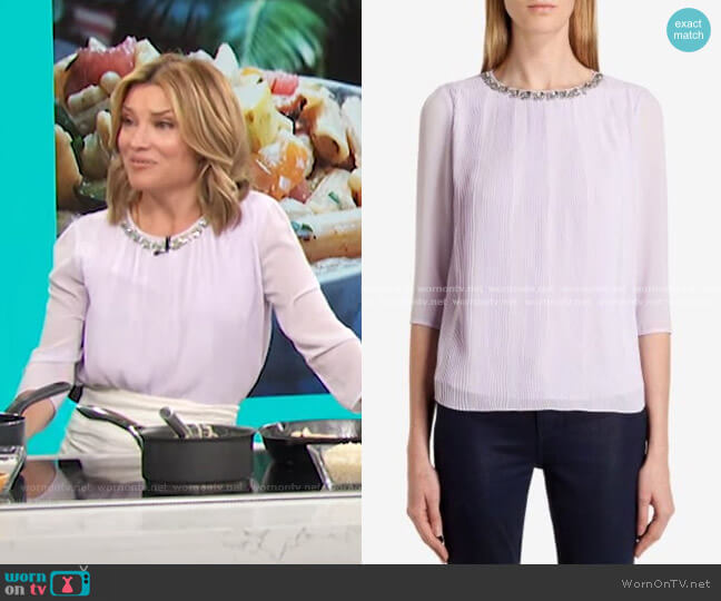 WornOnTV: Kit’s lilac blouse with jewelled neckline on Access Hollywood ...