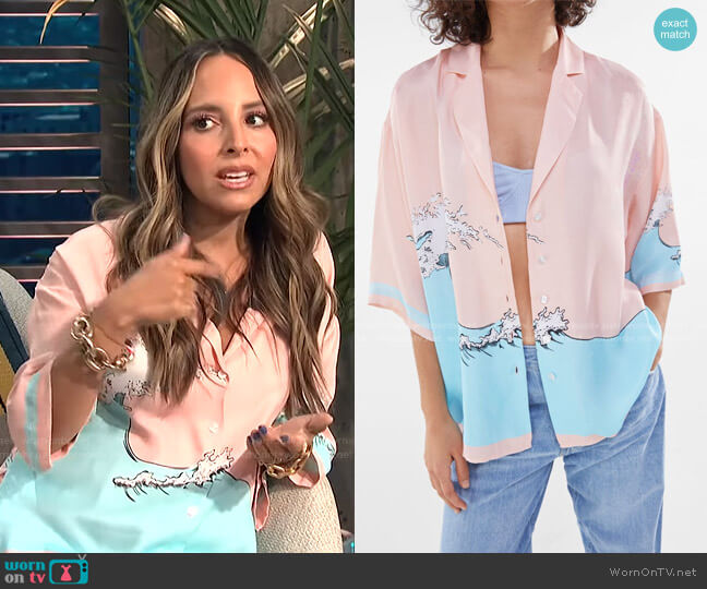 Satin Printed Oversize Shirt by Bershka worn by Lilliana Vazquez on E! News