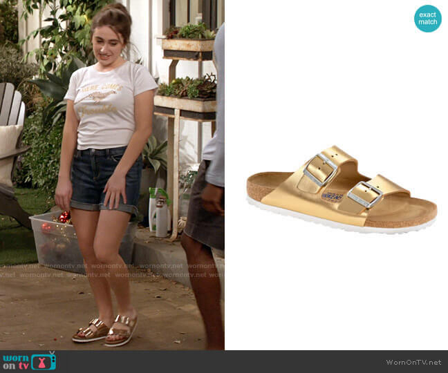 Birkenstock Arizona Sandal in Sirocco Gold by Birkenstock worn by Jackie Raines (Rachel Sennott) on Call Your Mother