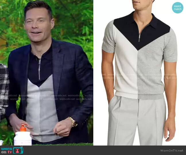 Butler Colorblock Wool Blend Zip Polo by Reiss worn by Ryan Seacrest on Live with Kelly and Ryan