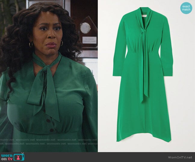 Aurora button and tie-detailed woven midi dress by Cefinn worn by Lola Carmichael (Simone Missick) on All Rise