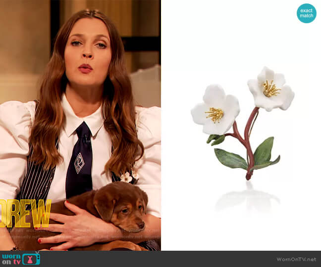 Ceramic and Gem-Set Flower Brooch by Luz Camino worn by Drew Barrymore on The Drew Barrymore Show