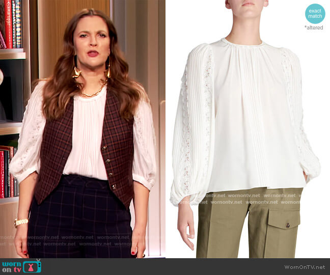 Silk Georgette Lace-Sleeve Top by Chloe worn by Drew Barrymore on The Drew Barrymore Show