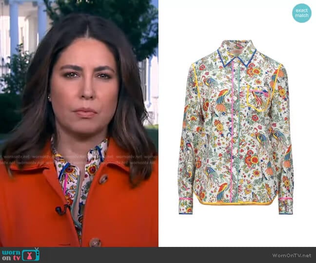 Contrast Binding Long-Sleeve Printed Button-Down Shirt by Tory Burch worn by Cecilia Vega on Good Morning America