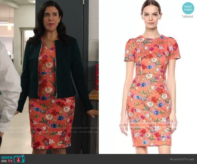 Coral Floral Print Sheath Dress by Calvin Klein worn by Shannon Ross (Nicole Power) on Kims Convenience