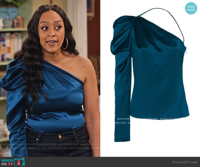 Draped Silk One-Shoulder Top by Cushnie worn by Cocoa McKellan (Tia Mowry-Hardrict) on Family Reunion