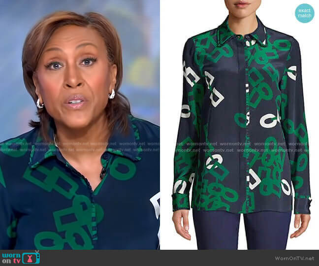 Duvall Link-Print Silk Blouse by Lafayette 148 New York worn by Robin Roberts  on Good Morning America