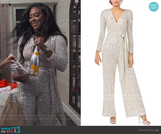 Silver Long-Sleeve Jumpsuit by Eliza J worn by Kenya Moore on The Real Housewives of Atlanta