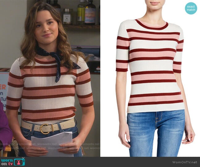 Panel Stripe Ribbed Short-Sleeve Sweater by Frame worn by Lex (Jules LeBlanc) on Side Hustle