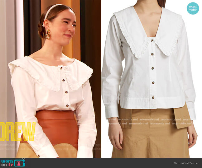 Wide Ruffle-Trimmed Collar Cotton Poplin Shirt by Ganni worn by Young Emperor on The Drew Barrymore Show